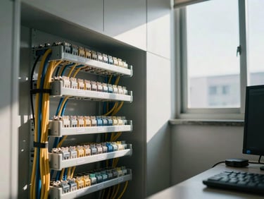 Environmental shot of structured cabling installation in a small business office, trays of organized ethernet cables running along a wall under natural window light, cable labels visible