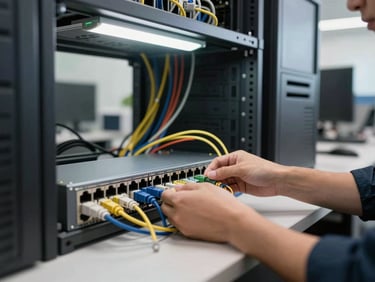 Wide shot of a small office IT setup, technician connecting patch cables to a network switch under fluorescent and natural mixed light, organized cable management in the background