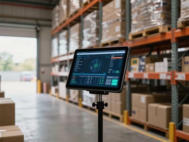 Wide shot of a warehouse inventory shelf with a tablet mounted on a stand displaying a live dashboard, natural daylight from loading dock doors in background, boxes and product clearly visible