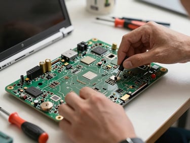 Close-up of technician hands removing a laptop motherboard under warm natural office light, screwdrivers and component tray visible on workbench surface