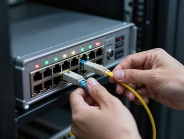 Close-up of a network firewall appliance with blinking status LEDs in a dimly lit server room, hands adjusting a fiber cable connection, shallow depth of field
