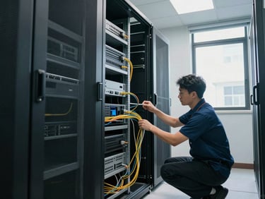 Wide environmental shot of a small business server room, open rack with cables partially organized, a technician crouching and tracing a cable run under fluorescent and natural light from a side window, real working environment with visible dust and cable clutter