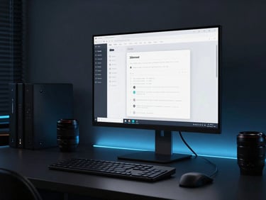 A sleek dark modern workspace with a high-end monitor displaying a clean user interface, moody low-key ambient lighting with neon blue accents, 50mm lens