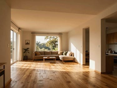 Warm interior space showing natural light flooding a modern living room with oak floors and high ceilings, 35mm.