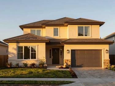 Sun-drenched modern suburban home exterior at golden hour, manicured landscape, warm inviting facade, 35mm.