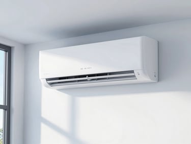 Sleek wall-mounted AC unit neatly integrated on a white wall in a modern living room, crisp daylight, cool tones.