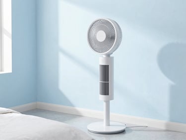 Modern minimalist tower fan standing in a clean, airy bedroom with light blue accents, soft morning light.