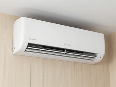Close-up of a modern white Daikin air conditioning unit integrated into a minimalist wooden wall, soft natural daylight, crisp details, 35mm lens