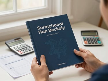Hands holding a homeschooling curriculum book with a calculator and budget spreadsheet in the background, warm natural light, organized home workspace, soft cream and deep blue tones, candid, 35mm