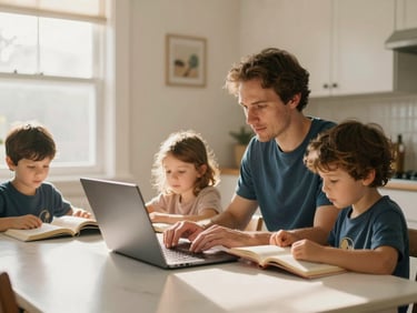 Parent working on a laptop at a kitchen table with children reading nearby, warm natural window light, soft golden-hour tones, candid, 35mm