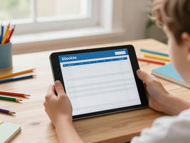 Two hands holding a tablet displaying a budget spreadsheet, surrounded by children's colorful school supplies on a wooden table, natural window light