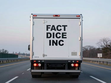 Rear view of a FACT DICE INC secure transport vehicle driving on a highway at dawn, clear road ahead, professional and precise atmosphere, cool daylight, 35mm.