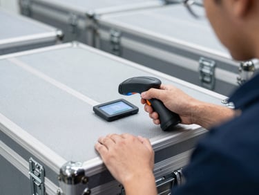 Close-up of a technician in a FACT DICE INC uniform performing a dual-factor verification on a secure transport case, biometric scanner and digital display visible, crisp industrial photography.