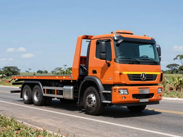Dynamic wide angle of a clean modern flatbed tow truck parked on a Brazilian roadside under bright daylight, safety orange details, sharp focus, 35mm