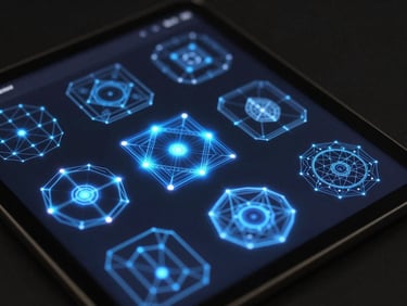 Overhead shot of a tablet displaying an educational interface with stylized geometric wireframes and electric blue highlights, dark background, 35mm