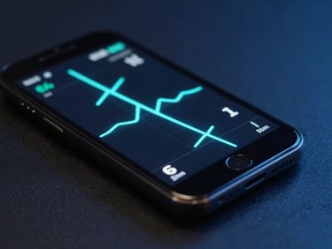 Close-up of an Android device on a dark desk showing a sleek fitness dashboard with a neon cyan heart rate curve, cool lighting, 35mm