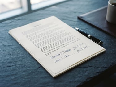 Close-up of a signed business contract on a dark slate desk, natural office lighting, professional corporate photography, 35mm