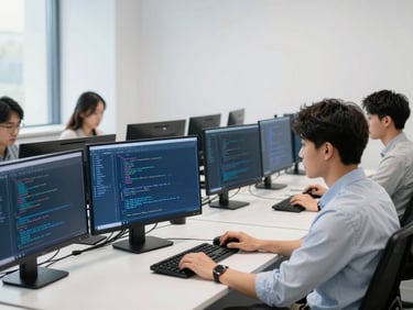 Clean modern software development office, software engineers collaborating, glowing screens with code, bright natural light, cool tones, sharp focus