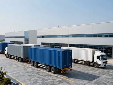 Modern logistics hub with cargo containers and transport trucks in bright daylight, cool slate tones, sharp editorial focus