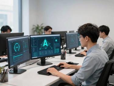 Clean-room software development office with developers working on advanced AI data visualizations, cool digital teal accents
