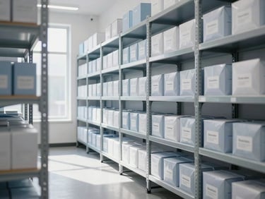 Bright minimalist warehouse fulfillment setup for premium consumer goods, organized shelves, clean packaging, natural daylight, cool tones