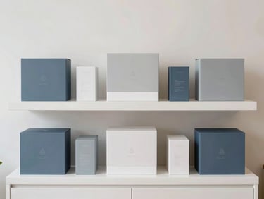 Minimalist, brightly lit modern nursery product display with neutral tones and elegant packaging, professional editorial style