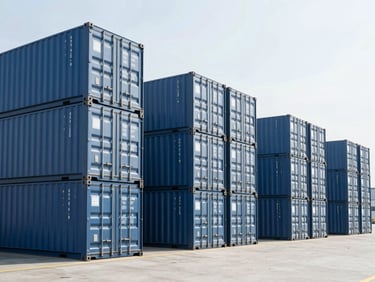 Wide shot of a modern organized logistics hub, shipping containers stacked neatly under bright daylight, cool slate and blue tones, professional 35mm photography