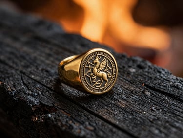 Extreme close-up of a heavy gold signet ring with deeply carved geometric heraldry resting on dark charred oak wood, warm hearth light