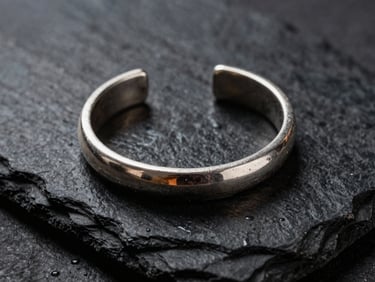 Macro shot of a thick, raw-edged silver cuff bracelet resting on a wet slate stone, dramatic single-source chiaroscuro lighting