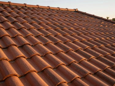 Close-up of the same Perth residential roof after restoration — uniform clay tiles in straight courses, fresh mortar pointing, golden hour natural light raking across the surface