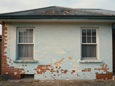Wide shot of a weathered Perth home exterior before painting — peeling paint on brick render, faded window surrounds, overcast natural light showing the actual condition of the surface