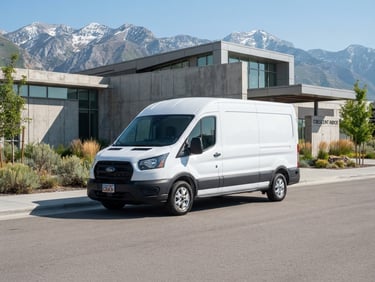 Clean white transit van parked in front of a modern concrete building in Cottonwood Heights, bright morning daylight, sharp focus, 35mm