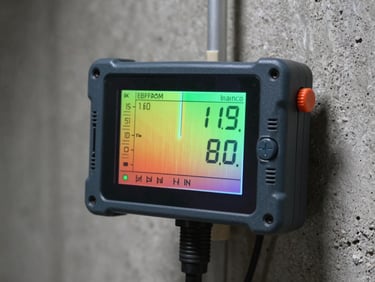 Close-up of a digital thermal leak detector screen showing temperature variance on a concrete wall pipe, daylight, sharp focus on the digital readout.