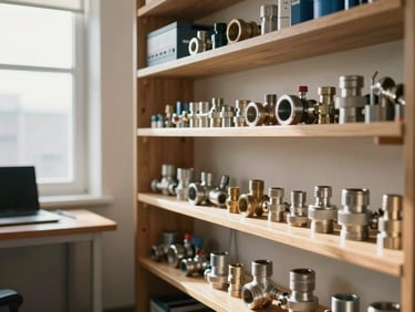 Medium shot of a clean, organized plumbing dispatch office with technical pipe fittings on wooden shelves, bright daylight streaming through a window.