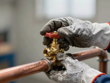 Close-up of hands in heavy-duty work gloves tightening a brass plumbing valve on a copper pipe run, bright natural work light.