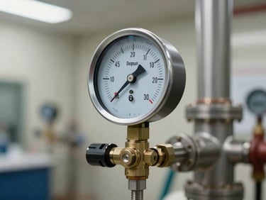 Close-up of a commercial pressure gauge mounted on a clean steel manifold system in a Dubai utility room, bright industrial lighting.