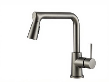 Modern pull-out kitchen faucet in gun grey finish, high-end architectural detail, sharp product photography, white background