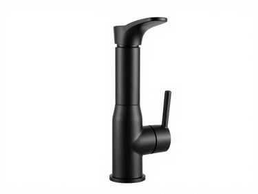 Front-on elevation of a matte black basin mixer faucet, clean studio lighting, crisp metallic reflections, white background