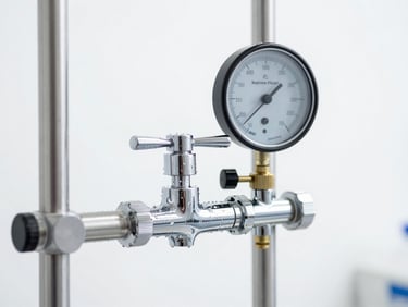 A professional pressure testing rig in a clean laboratory, water droplets on a chrome faucet, sharp focus, technical atmosphere