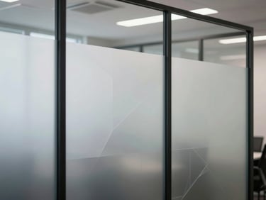 Clean modern office partition with frosted decorative privacy film, geometric patterns, sharp focus
