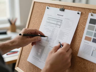 Close-up of a designer's hands reviewing a printed proof sheet pinned to a cork board in a production workspace, annotations in pencil visible on the sheet, warm natural light from a side window, tools and material samples blurred in background