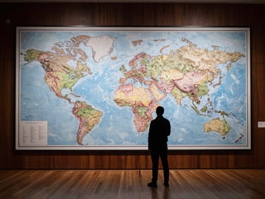 Wide-angle archival map room interior, large geopolitical wall map illuminated by cool diffused gallery light, dark wood panelling, a male silhouette standing before the map studying it from a distance