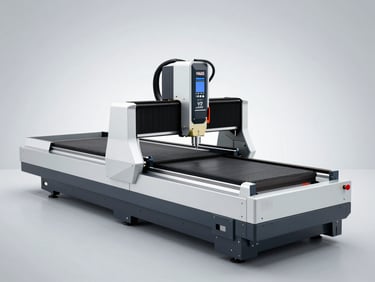 Wide shot of a clean, organized industrial workshop floor with a Haas VF2 CNC machine in operation, high contrast, cool metallic tones, 35mm