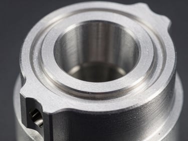 Macro shot of a precision machined aluminum component, highlighting its matte finish and intricate details under crisp industrial light, 35mm