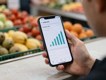 Android phone screen displaying a budgeting app with simple bar charts, held over a market counter, ambient daylight, over-the-shoulder framing, blurred produce stall in background