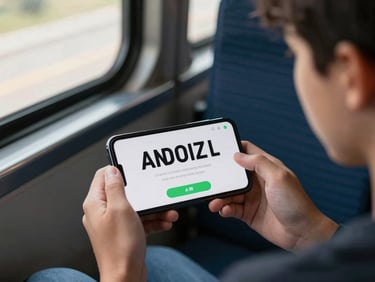 Android phone screen showing a quiz game interface with bold typography and minimal graphics, held by a teenager on a bus seat, natural window light from the left, candid angle