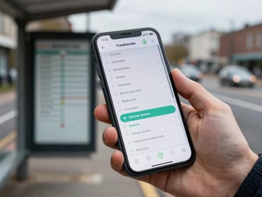 Android phone screen with a transit schedule app showing bus routes in clean list view, user's hand holding the device at a bus stop, overcast daylight, candid street framing
