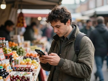 Wide shot of a person at a busy outdoor market stall glancing down at an Android phone in one hand, ambient natural daylight, colorful market goods blurred in the background, candid and unposed