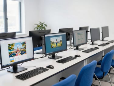 Modern clean computer lab with rows of monitors displaying educational software, blue chairs, bright daylight