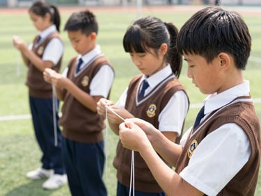 School scout group in brown uniforms practicing knot-making outdoors, green grass field, bright daylight